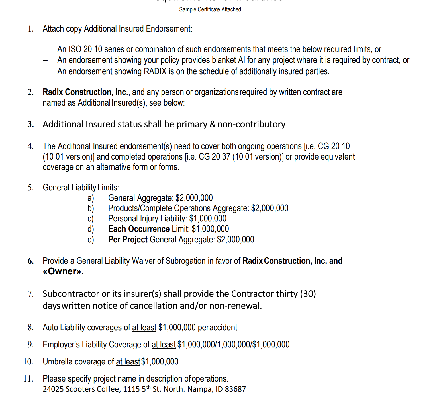 Example COI request to insurance