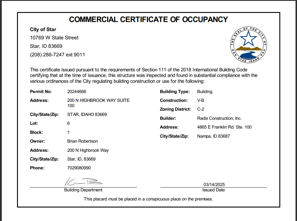 Example Commercial Certificate of Occupancy